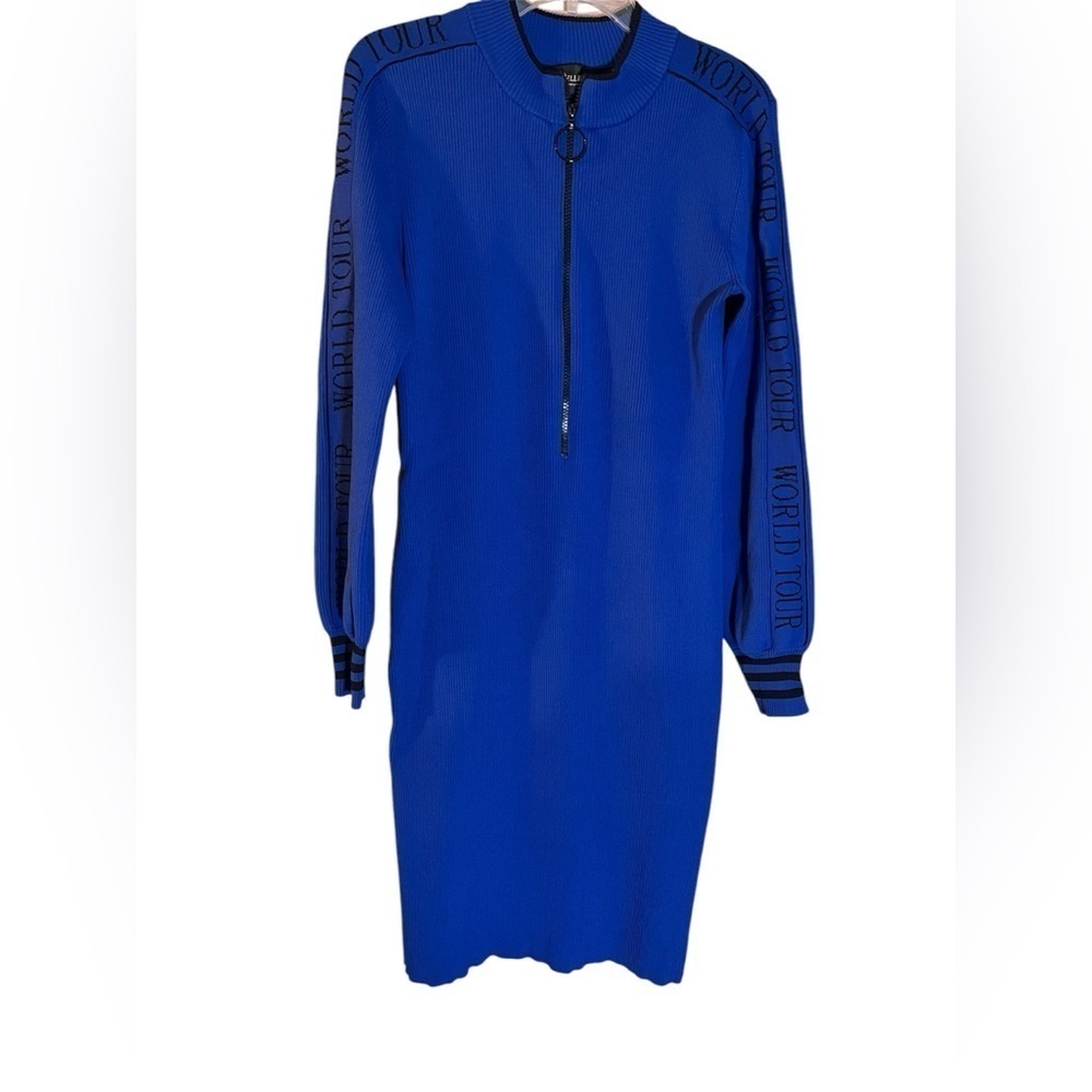 New York & Co Gabrielle Union stretchy blue front zip ribbed sweater dress Large